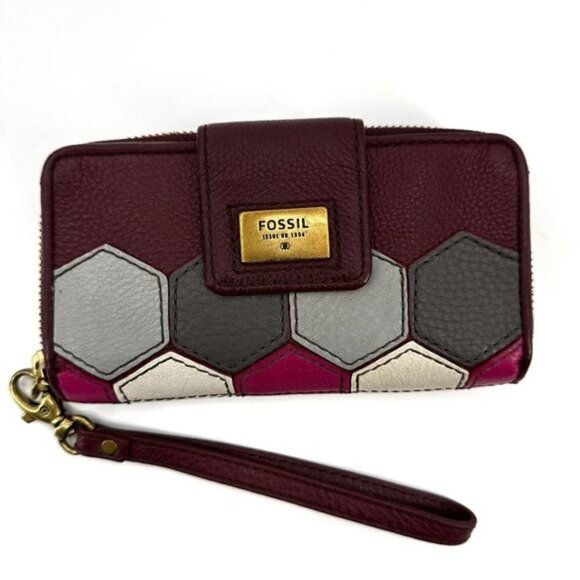 FOSSIL Burgundy Gray Patchwork Y2K Vintage Leather Boho Zip Around Clutch Wallet - Picture 1 of 4